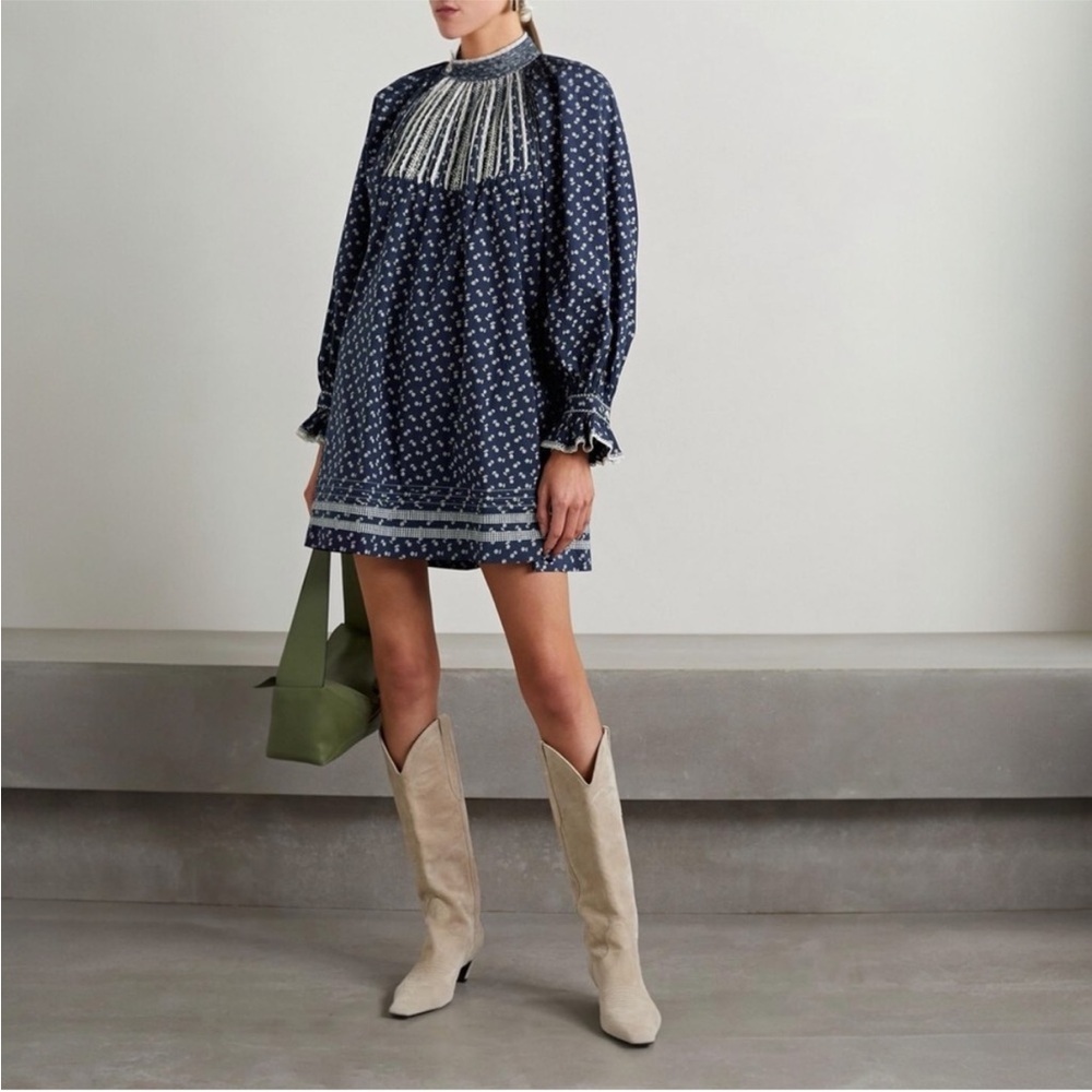 NWT Doen Beatrice Floral Long Sleeve Poplin Mini Dress Navy Blue White Size S